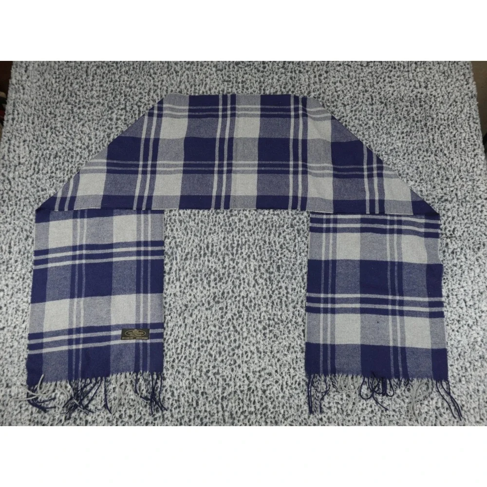 100% Cashmere Scarf Navy Blue Grey Plaid Made in‎ Germany Hand Tailored